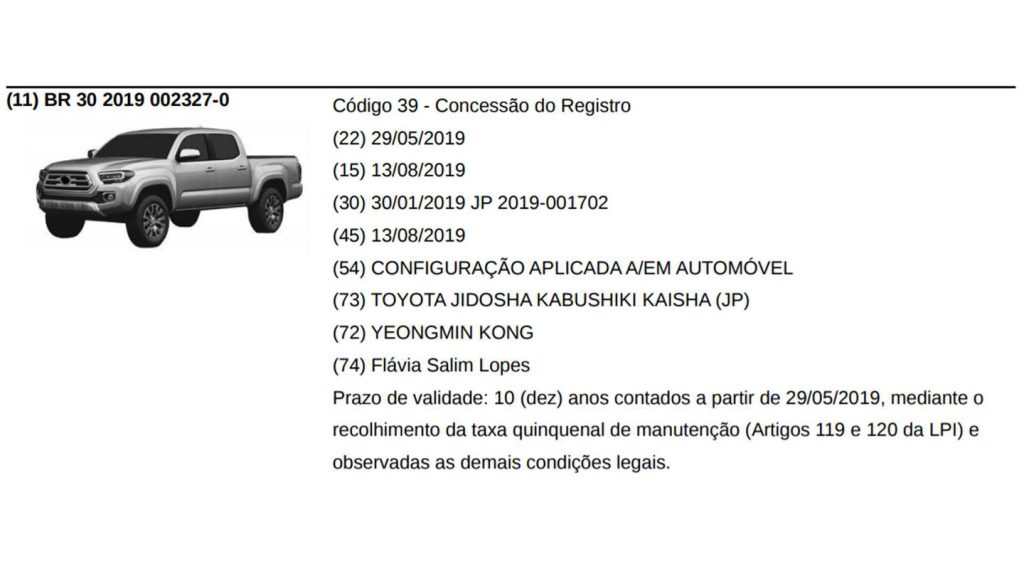 Toyota Tacoma 2020 registro INPI Brasil